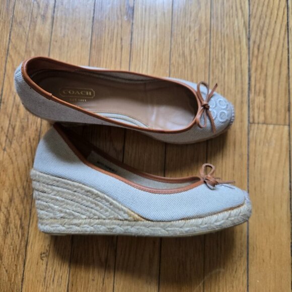 Coach Ireena Espadrilles Wedge Canvas Beige Monogram Bow Shoes Size 9 - Picture 8 of 14